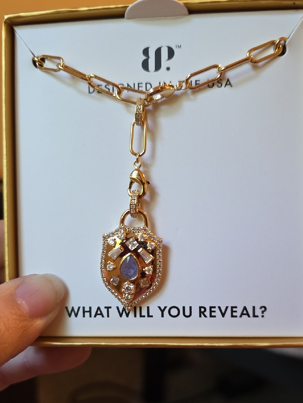 bp Gold-Tone Shield Pendant Necklace with Lavender Center Stone